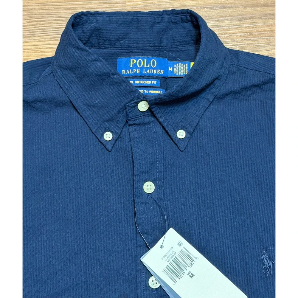 Polo Ralph Lauren Mens Navy Seersucker Short Sleeve Untucked Fit Shirt Sz M
